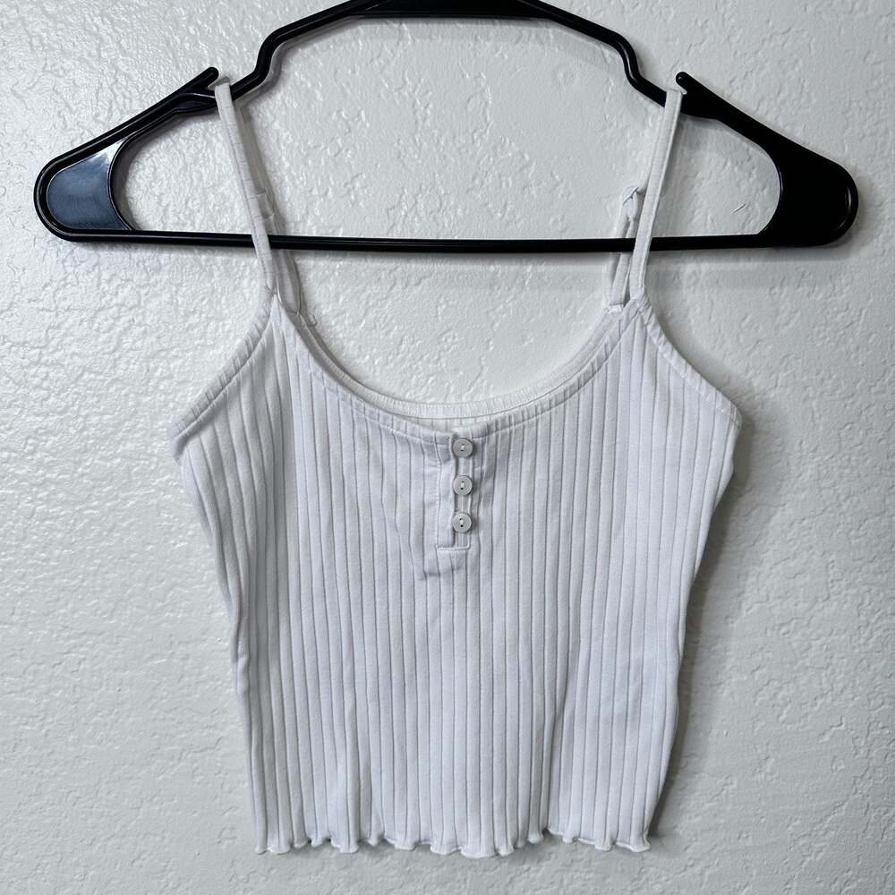 American Eagle White Ribbed Henley Crop Cami Tank Top - XS Lettuce Hem Y2K Basic